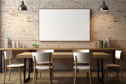 A blank mockup frame is positioned on a sunlit brick wall in a dining room, providing an industrial and well-lit backdrop for displaying artwork or photographs. Photorealistic illustration