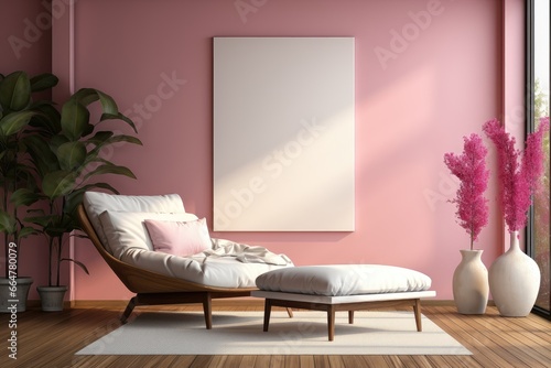 An empty mockup canvas is hung on a pink wall and is complemented by pink flower vases, creating a cohesive and charming setting for displaying artwork. Photorealistic illustration photo