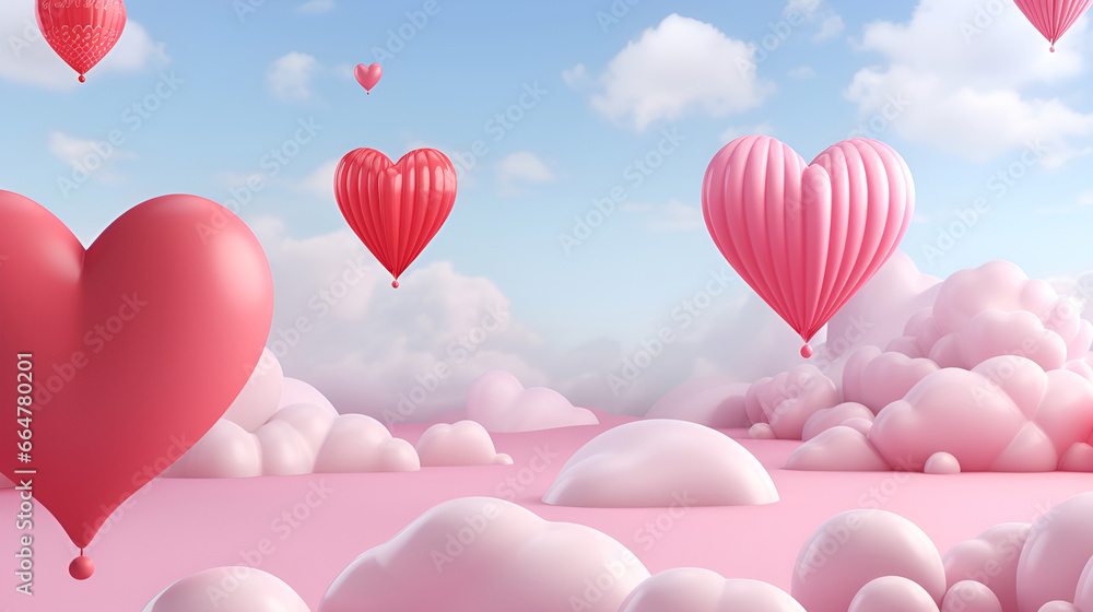 Valentine's Day background with red hearts and pink clouds 1