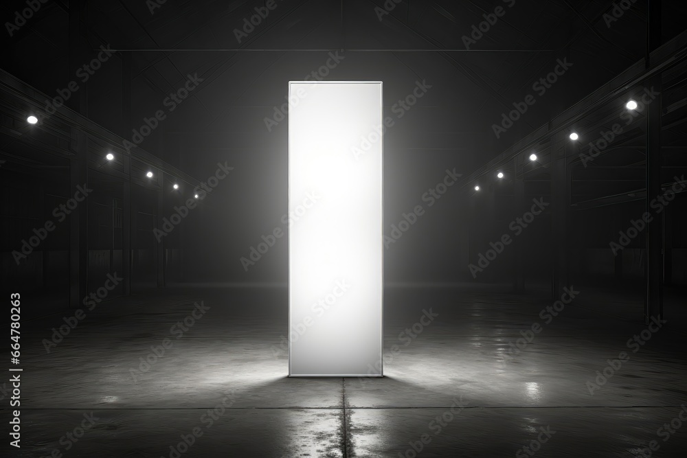 In a black and white image, an empty vertical mockup frame is illuminated while standing in a warehouse, creating an artistic presentation in an industrial setting. Photorealistic illustration In a black and white image, an empty vertical mockup frame is illuminated while standing in a warehouse, creating an artistic presentation in an industrial setting. Photorealistic illustration
