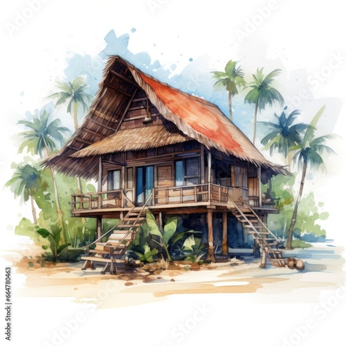 A watercolored bright serene image of a traditional bahay kubo.