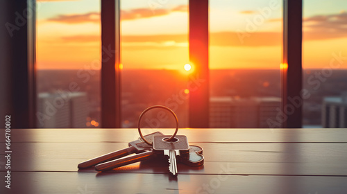 Apartment keys kept on the table with sunset background. Mortgage  investment  rent  real estate  property concept