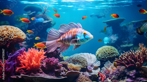 Colorful fish and sea animals with coral underwater in ocean