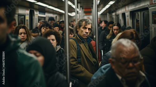 Crowded subway train carrying people in rush hour on their way home, everybody looking tired photo