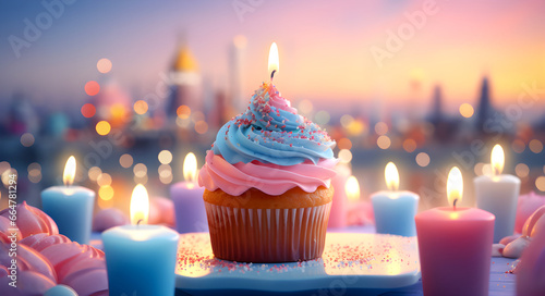 Colorful cupcake with candles and sprinkles on table, in the style of light sky-blue and light pink, photo-realistic landscapes