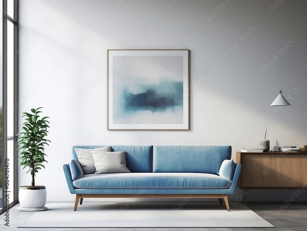 Mid century style interior living room with blue sofa against white wall and art poster frame generative ai Mid century style interior living room with blue sofa against white wall and art poster frame generative ai