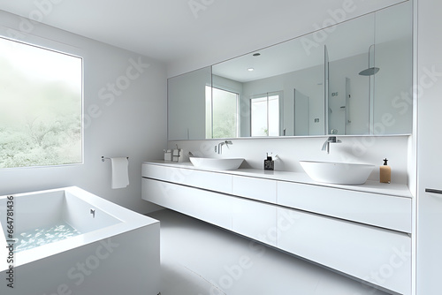 Modern bathroom with white cabinets and bathtub.
