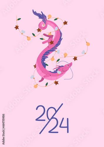 New Year 2024 calendar cover with Chinese dragon. Long dragon flies with garland on isolated pink background. Symbol 2024. Flat cartoon style design. Vertical A4 format for print. Vector illustration