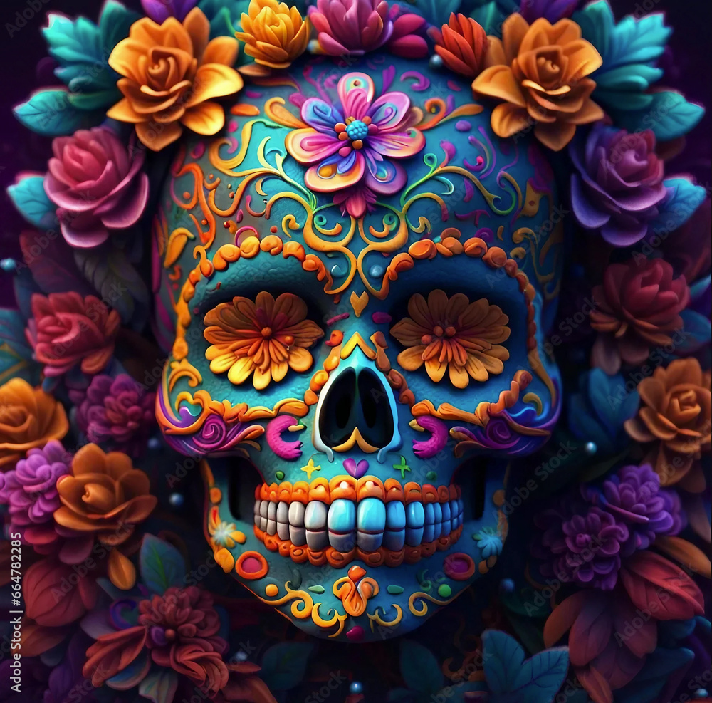 Los Muertos. Mexican Traditional skull Decorated with flower. Generative AI.