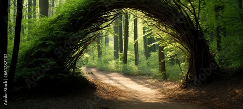 Natural archway shaped by branches in the forest