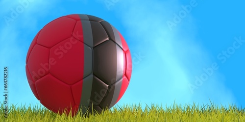 Football ball textured by DC United american soccer team uniform colors. Green grass of football field. 3D render