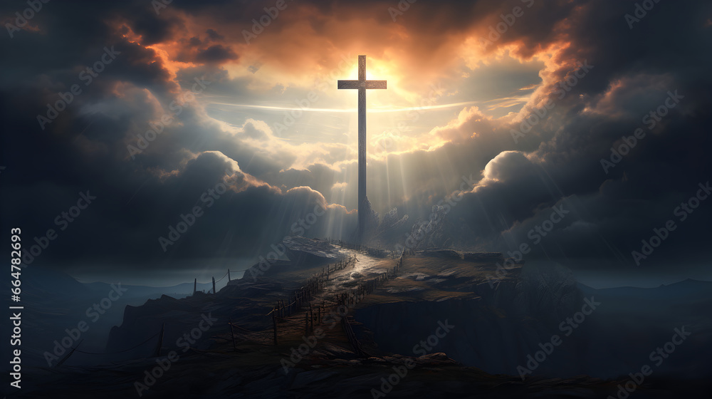 Holy cross showing the death and resurrection of Jesus Christ with sky over Golgotha Hill shrouded in light and clouds - obrazy, fototapety, plakaty 