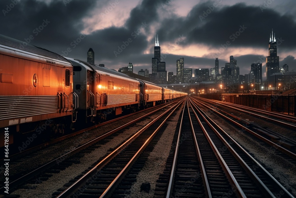 Wide view of raised train on Chicago tracks. Generative AI