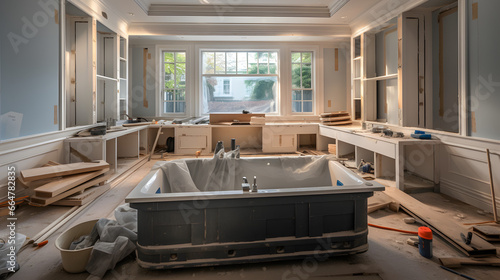 Under construction new bathtub remodeling a home bathroom, plumbing pipe for new sink photo