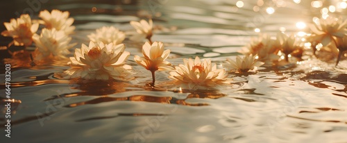 golden flowers beside body of water. generative AI © yj