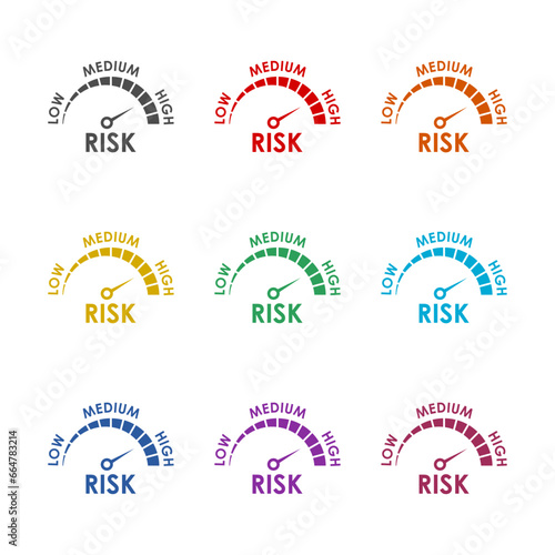 Risk concept on speedometer icon isolated on white background. Set icons colorful