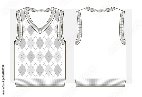 Knitted vest with v-neck and diamond pattern. Technical sketch.
