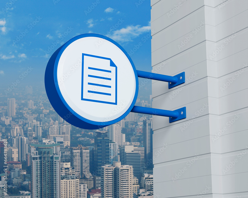 Document icon on hanging blue rounded signboard over modern city tower, office building and skyscraper, Technology internet online concept, 3D rendering Document icon on hanging blue rounded signboard over modern city tower, office building and skyscraper, Technology internet online concept, 3D rendering