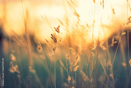 Wild grass in the forest at sunset. Abstract summer nature background.