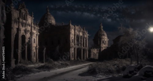 Snow on Frozen Ancient Baroque Buildings Ruins Winter. Post Apocalypse abandoned decayed city building at night.