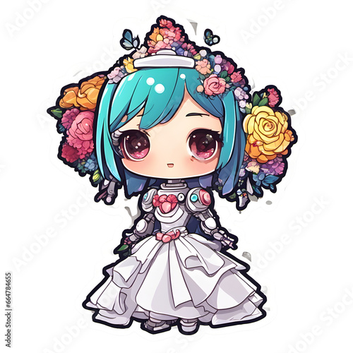 Wedding Groom Android Robot Girl with Bouquet  Blue Hair  Generative AI Based Character Sticker