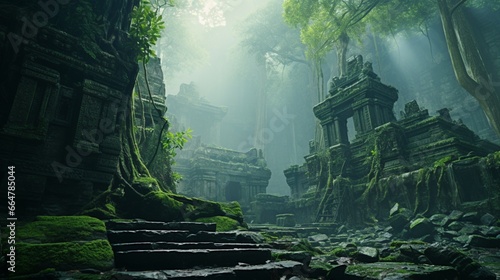 A dense, mist-covered ancient forest with towering trees and hidden ruins from a long-lost civilization.
