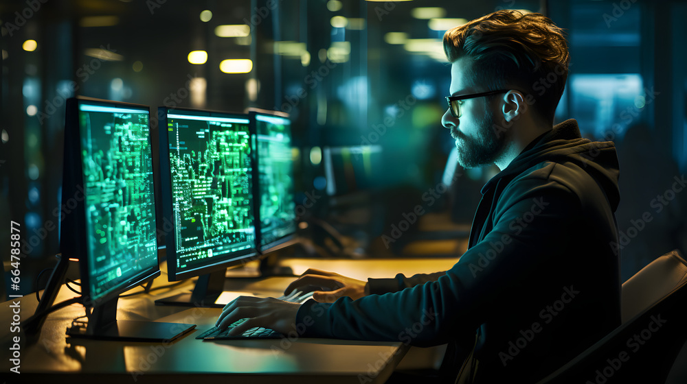 © SS Digital - The power of digital technology with a focus on a software engineer utilizing a computer with lines of code, data analysis, and AI algorithms to improve business operations