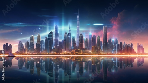 A futuristic city skyline with towering skyscrapers and neon lights reflecting off a calm, glassy lake. © Amna