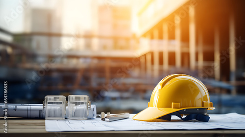 The white, blue and yellow safety helmet stacking on table with the blueprint and measuring tools at construction site for Engineer, foreman and worker. Safety first concept photo