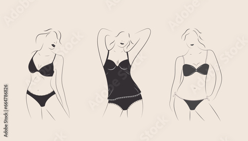 A set of silhouettes of delicate girls in underwear. Minimalist style. The concept of beauty, sensuality, tenderness and femininity. Vector illustration