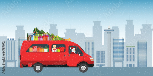 Santa Claus driving a red courier van and delivering gifts in the city street.