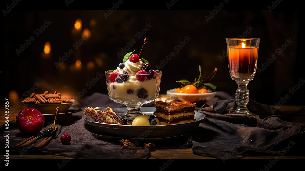Exquisite Fine Dining Dessert Concept: A Luxurious Dish in Dark Background, Colorful and Yummy Desserts as Artful Decorations