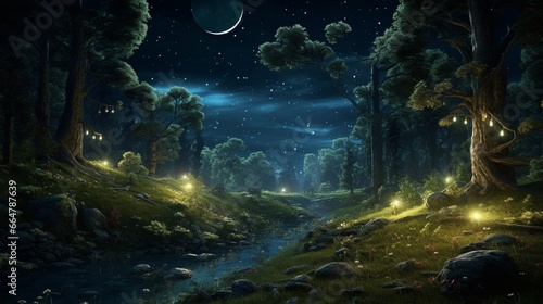 A moonlit meadow with fireflies illuminating the night, surrounded by a dense, ancient forest.