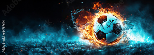 Dramatic soccer ball on fire in ice. With copy space.