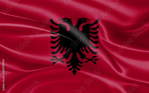 3d waving realistic silk national flag of Albania. Happy national day Albania flag background. close up