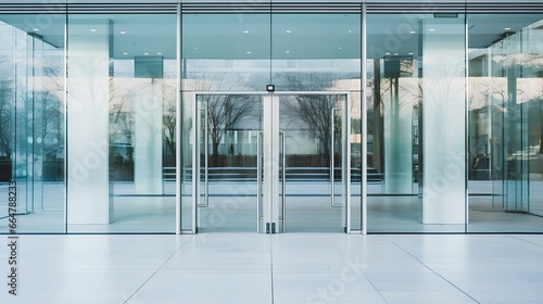 A minimalist symmetrical patterns of a modern building s glass door entrance  accentuated by sleek steel handles. copy space. generative AI