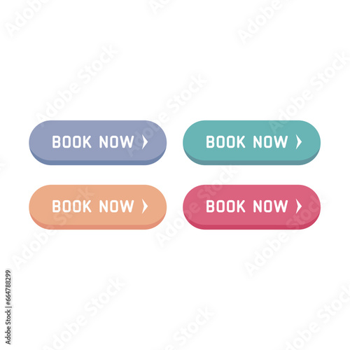 Book now vector button set. Colorful booking and reservation buttons icons.