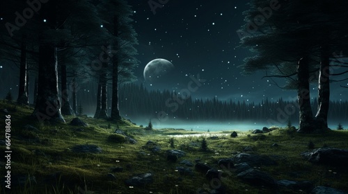 A moonlit meadow with fireflies illuminating the night, surrounded by a dense, ancient forest. © Amna