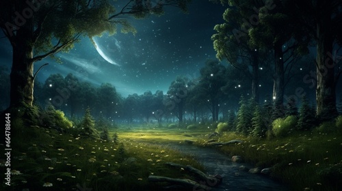 A moonlit meadow with fireflies illuminating the night  surrounded by a dense  ancient forest.