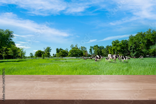 wood top table at farm background © Thongden_studio