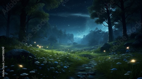 A moonlit meadow with fireflies illuminating the night, surrounded by a dense, ancient forest.