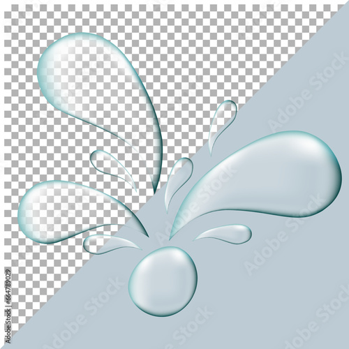 realistic splashes of water liquid puddles on transparent and blue background
