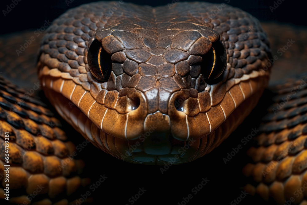 Close-up of calm snake face isolated on dark background Close-up of calm snake face isolated on dark background