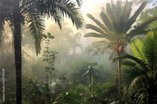 misty morning jungle  hazy coconut grove  foggy palm trees. Generative AI
