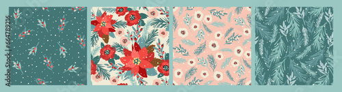 Christmas and Happy New Year seamless patterns. Christmas tree, flowers, berries. New Year symbols. Vector designs