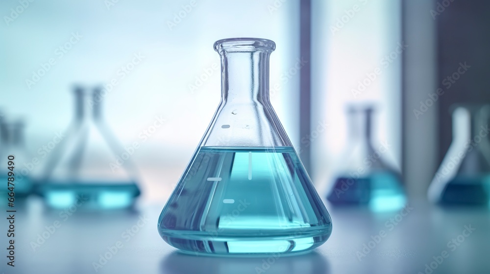 A Science Beaker in the laboratory on a table white and light blue background.. laboratory equipment out of focus.