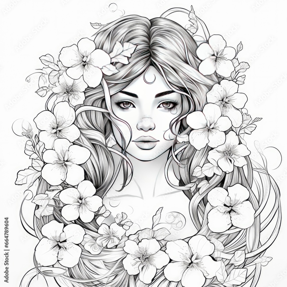 A girl on a coloring book page with Jasmine flowers. A girl on a coloring book page with Jasmine flowers.