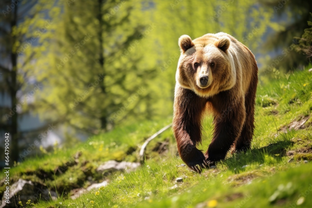 Fototapeta premium Brown bear moving on the green meadow in springtime nature.