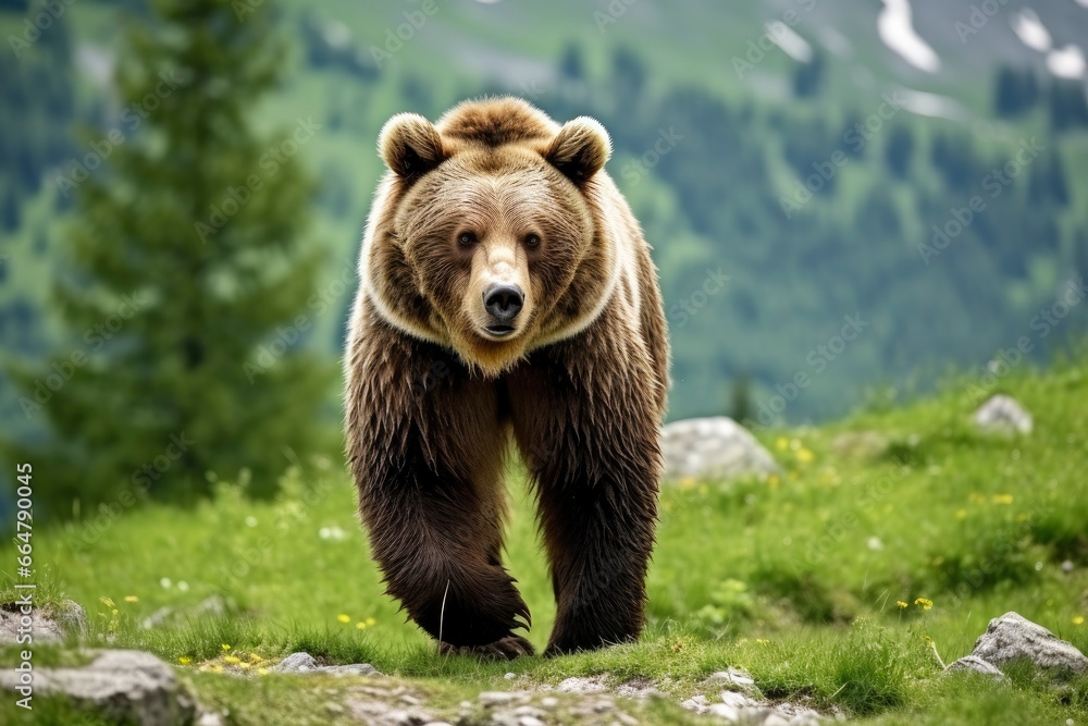 Brown bear moving on the green meadow in springtime nature. Brown bear moving on the green meadow in springtime nature.