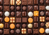 Assortment of fine chocolate candies, white, dark, and milk chocolate Sweets background. Copy space. Top view.